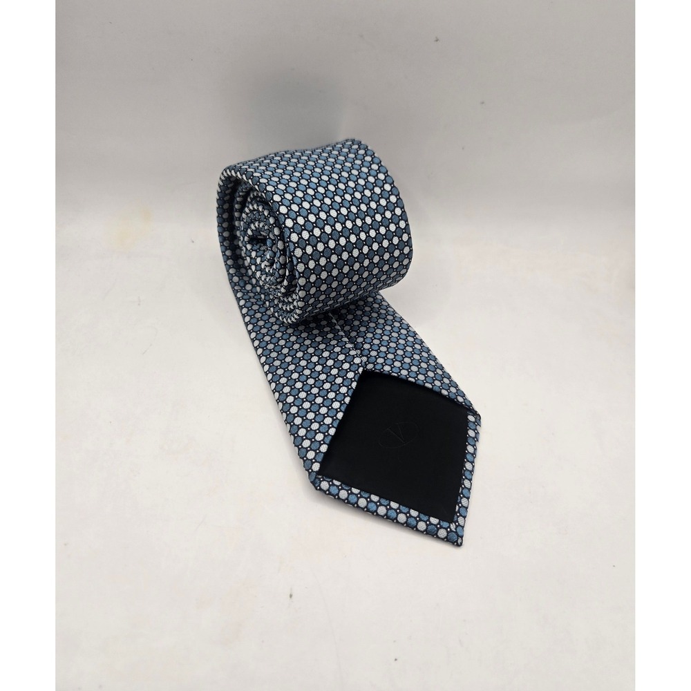Valentino Silk Necktie Mens One Size Blue White Geometric Dot Made in Italy
